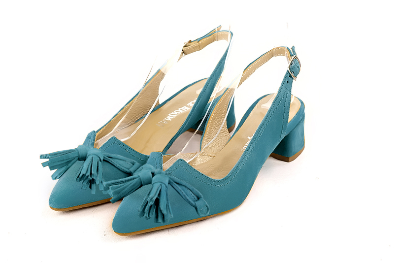 Peacock blue women's open back shoes, with a knot. Tapered toe. Low flare heels. Front view - Florence KOOIJMAN